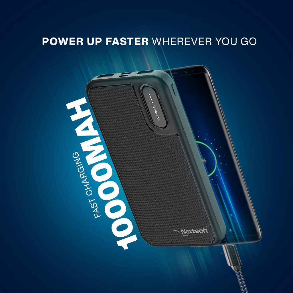 Nextech 10000mAh Power Bank | Type-C + Micro Input, Dual Output, Fast & Reliable Charging