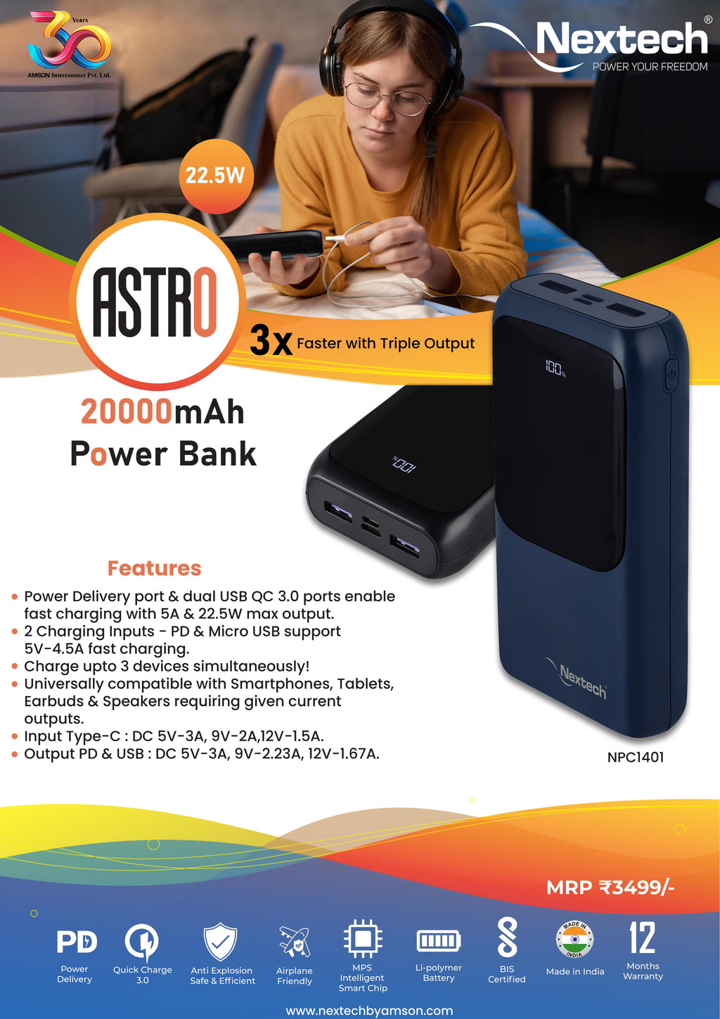 Nextech Astro 20000mAh Power Bank – Fast Charging 22.5W, Wireless, Dual Output/Input for Smartphones & Tablets