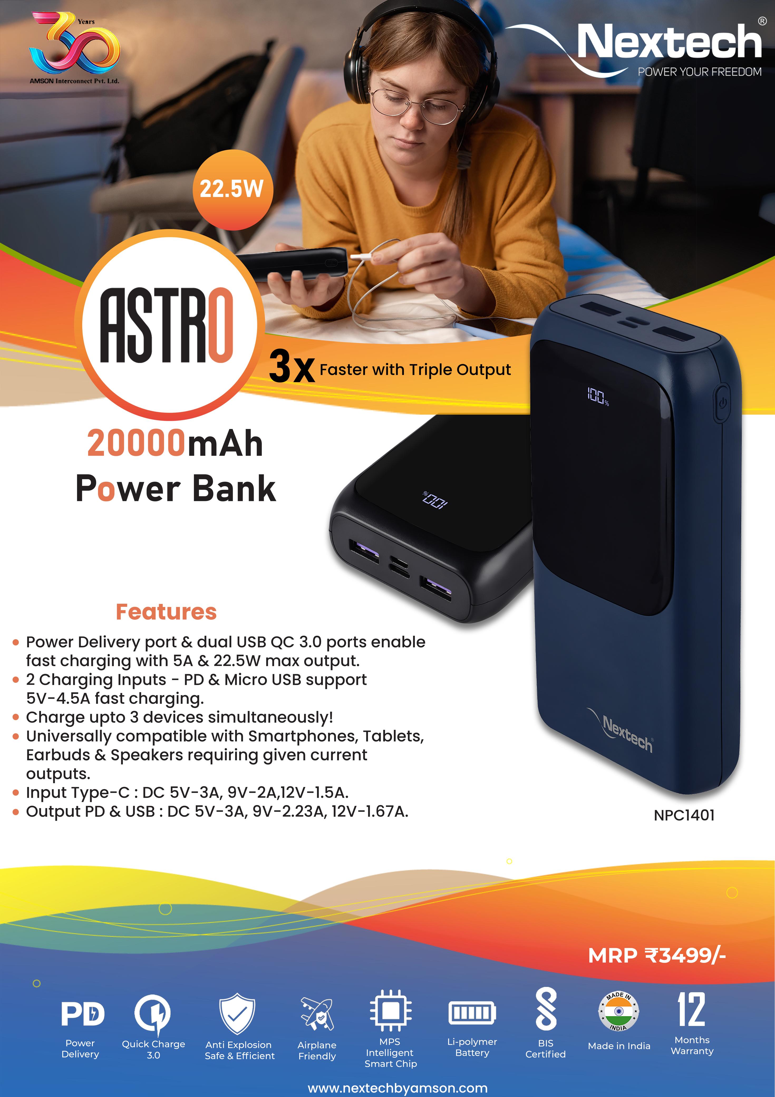Nextech Astro 20000mAh Power Bank – Fast Charging 22.5W, Wireless, Dual Output/Input for Smartphones & Tablets
