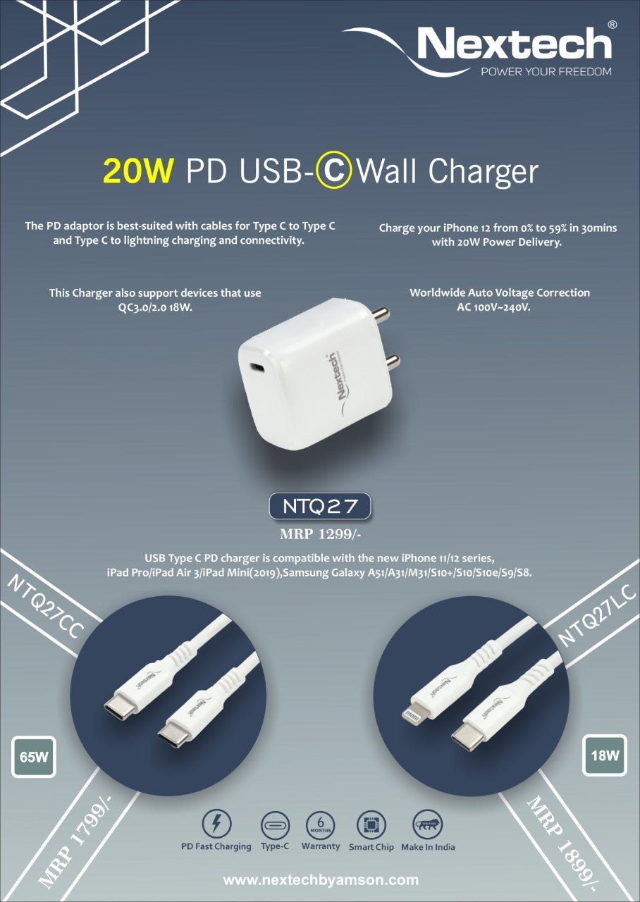 Nextech 20W PD 3.0 Type-C Fast Charger with 1M Type-C Cable for iPhone & Android