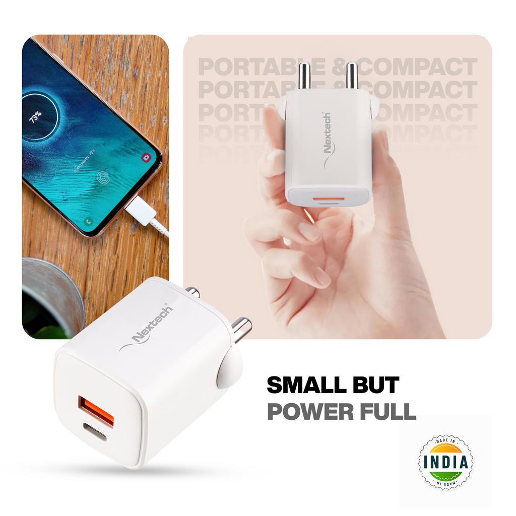 Nextech 35W Dual Port GaN Fast Charger | PDQC 3.0 | Type-C + USB | BIS Certified | Made in India