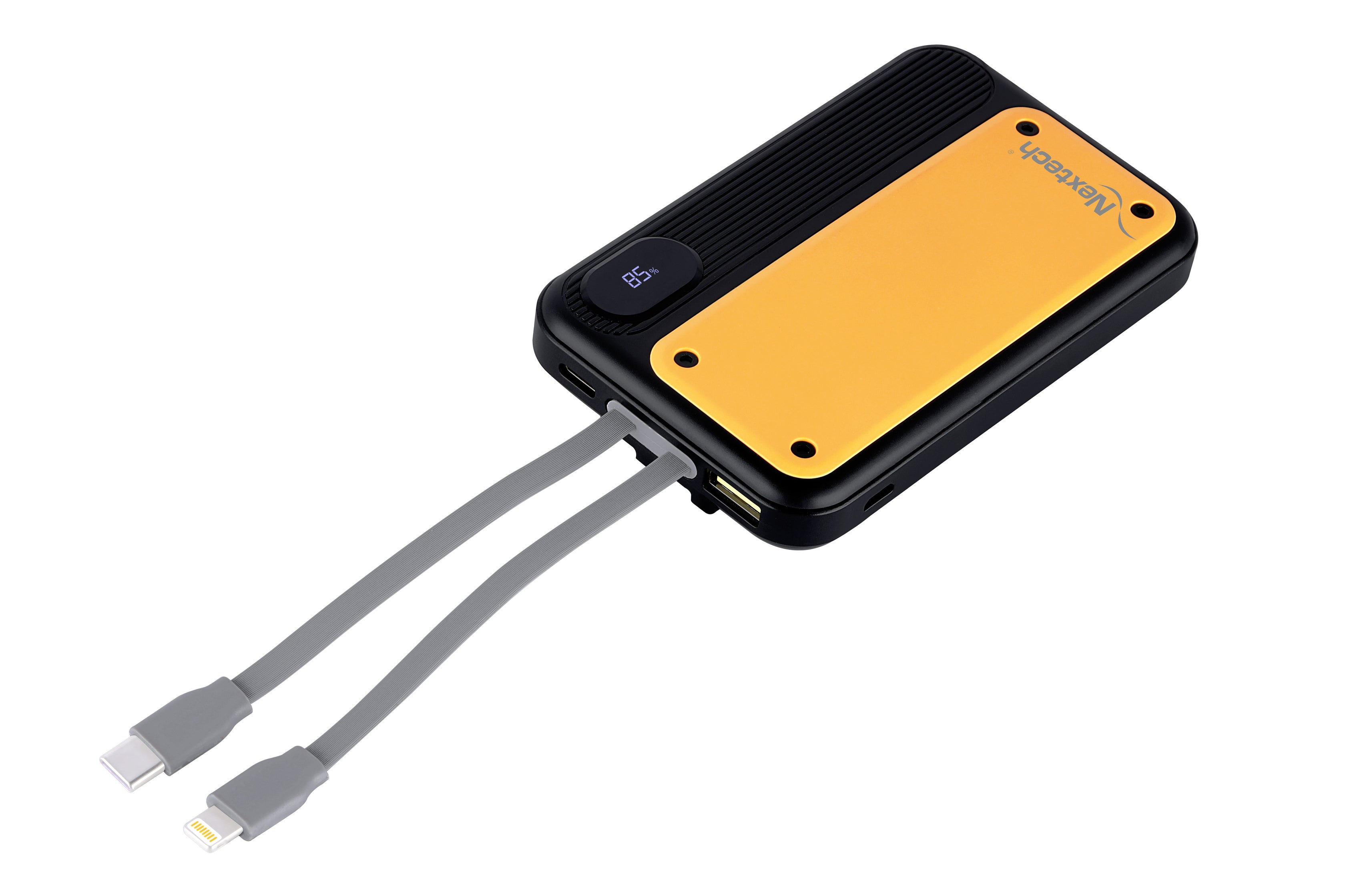 Nextech Pocket Rocket Power Bank 10,000mAh – Fast Charging, Built-in Type-C & Lightning Cables, Sporty Yellow