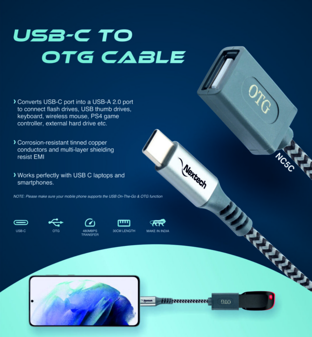 Nextech 30cm Braided USB Type-C OTG Cable | Fast Charging & 480Mbps Data Transfer | Durable & Compact, Grey