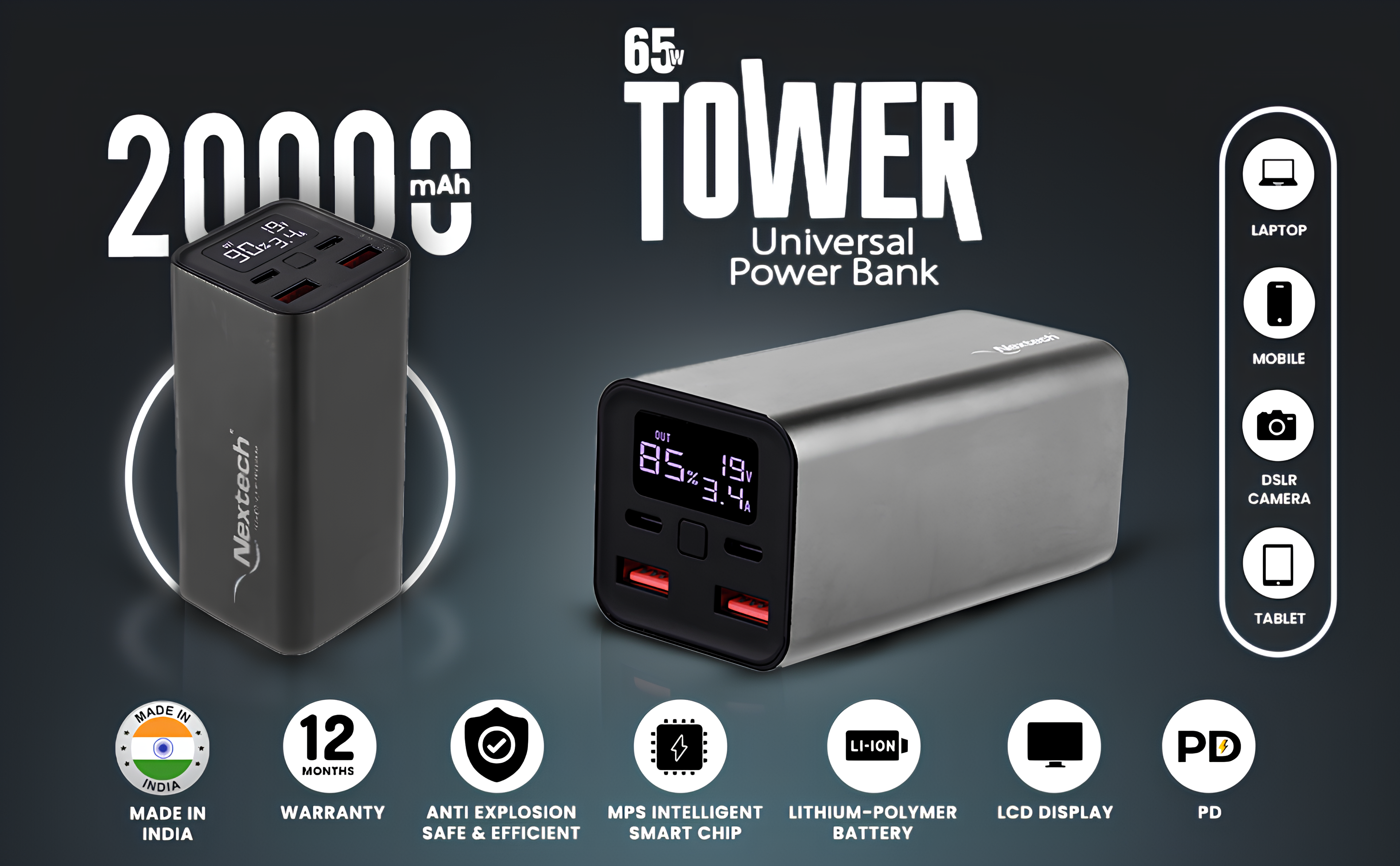 Nextech Tower 20000mAh Power Bank | 65W Fast Charging | USB-C, Universal Compatibility for iPhone, MacBook, Tablets & Smartphones