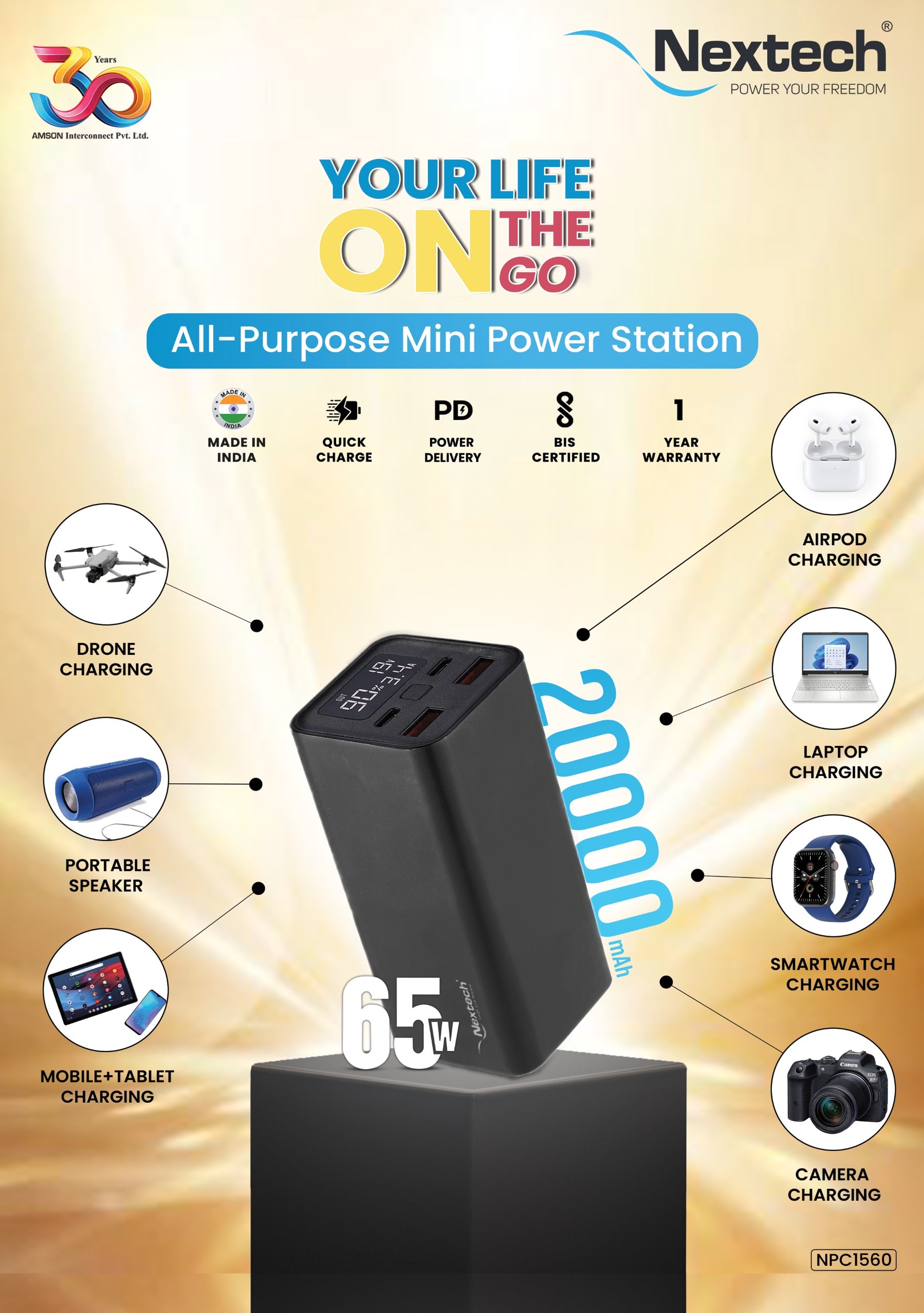 Nextech Tower 20000mAh Power Bank | 65W Fast Charging | USB-C, Universal Compatibility for iPhone, MacBook, Tablets & Smartphones