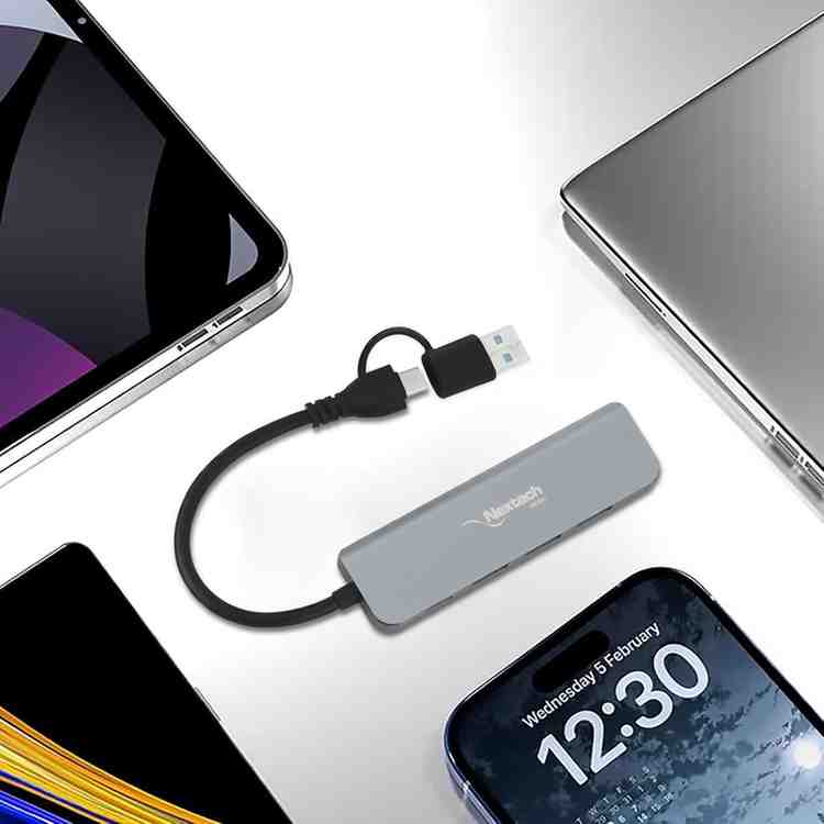 Nextech USB-A+C TO 4 PORT USB 3.0 HUB | 5 Gbps Superspeed Data Transmission | Sleek Metal Design | Compatible For Laptop, Macbook, Chromebook,Tablets & Smartphones (Grey)