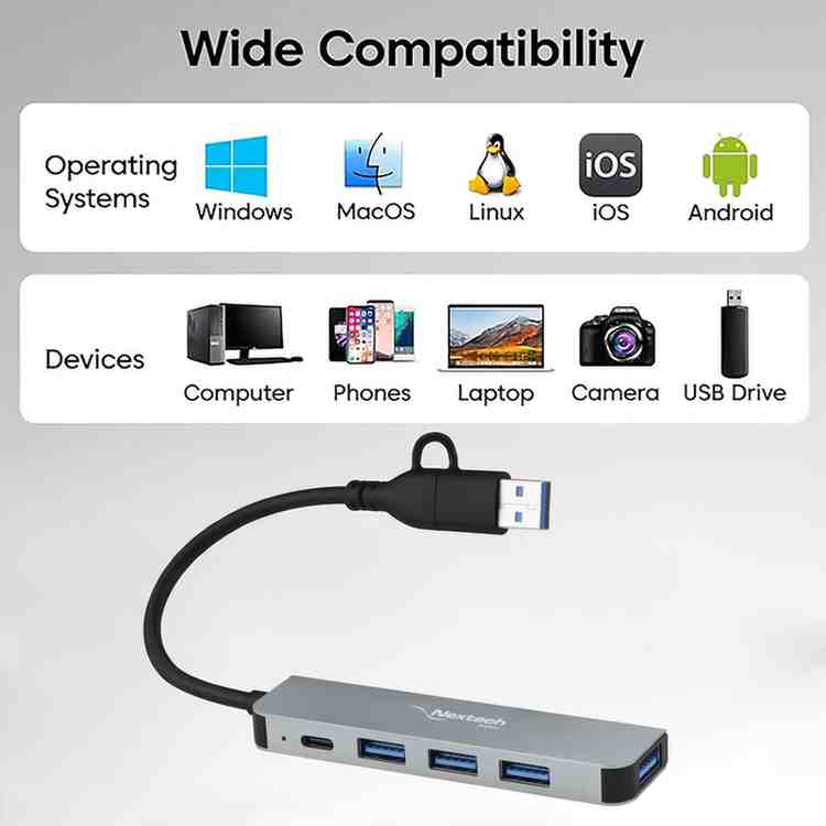 Nextech USB-A+C TO 4 PORT USB 3.0 HUB | 5 Gbps Superspeed Data Transmission | Sleek Metal Design | Compatible For Laptop, Macbook, Chromebook,Tablets & Smartphones (Grey)